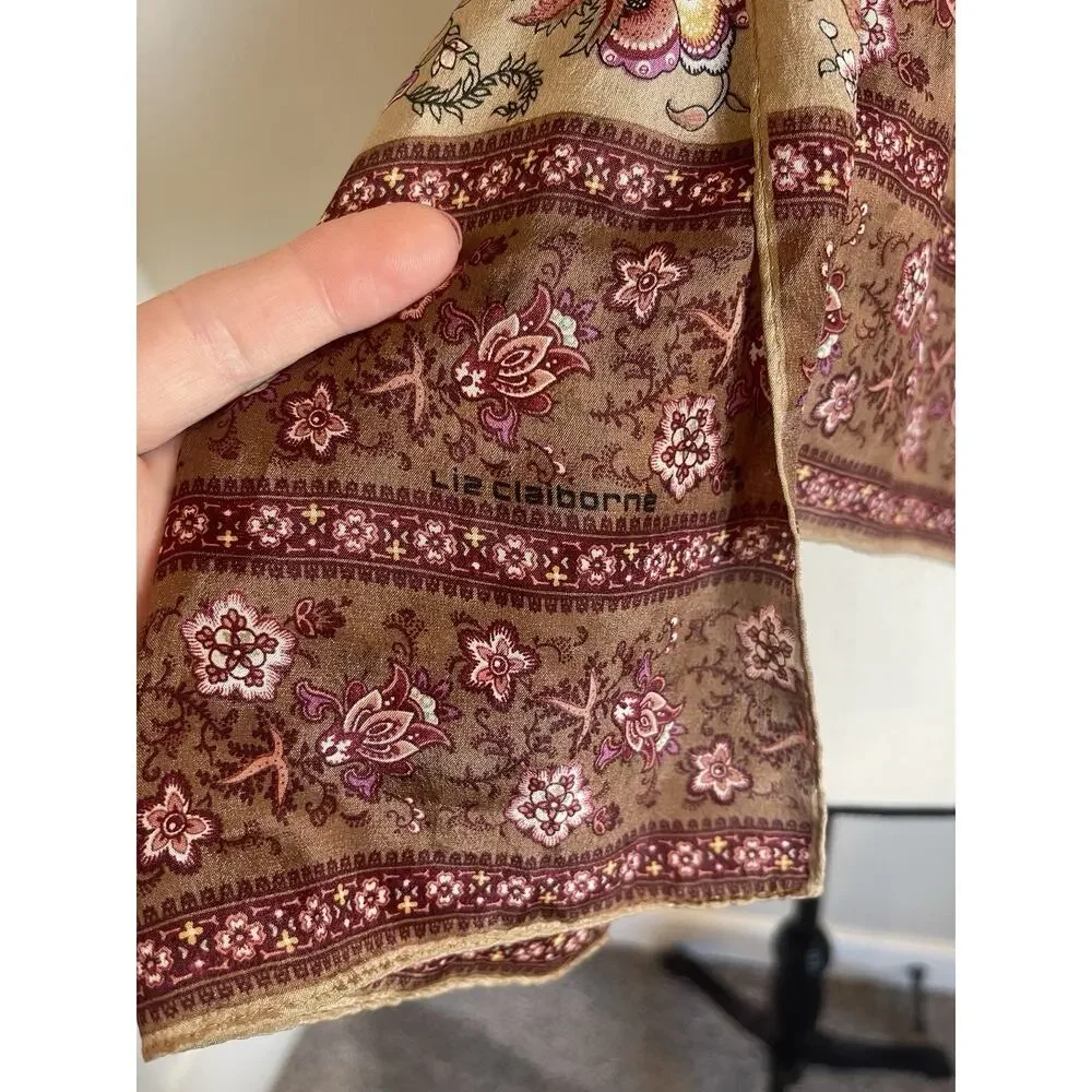 Vintage Liz Claiborne Rectangle Paisley Scarf Hand Rolled Silk Burgundy Brown